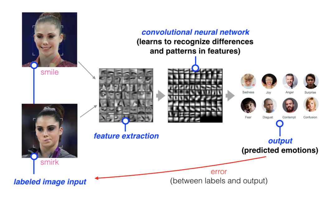 Example of a convolutional neural network being trained to distinguish between images of a smile and a smirk.